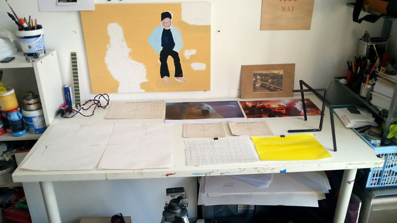 Ikea table with works, Queensdown Road, London, Hackney Downs, Swiss artist Jay Rechsteiner